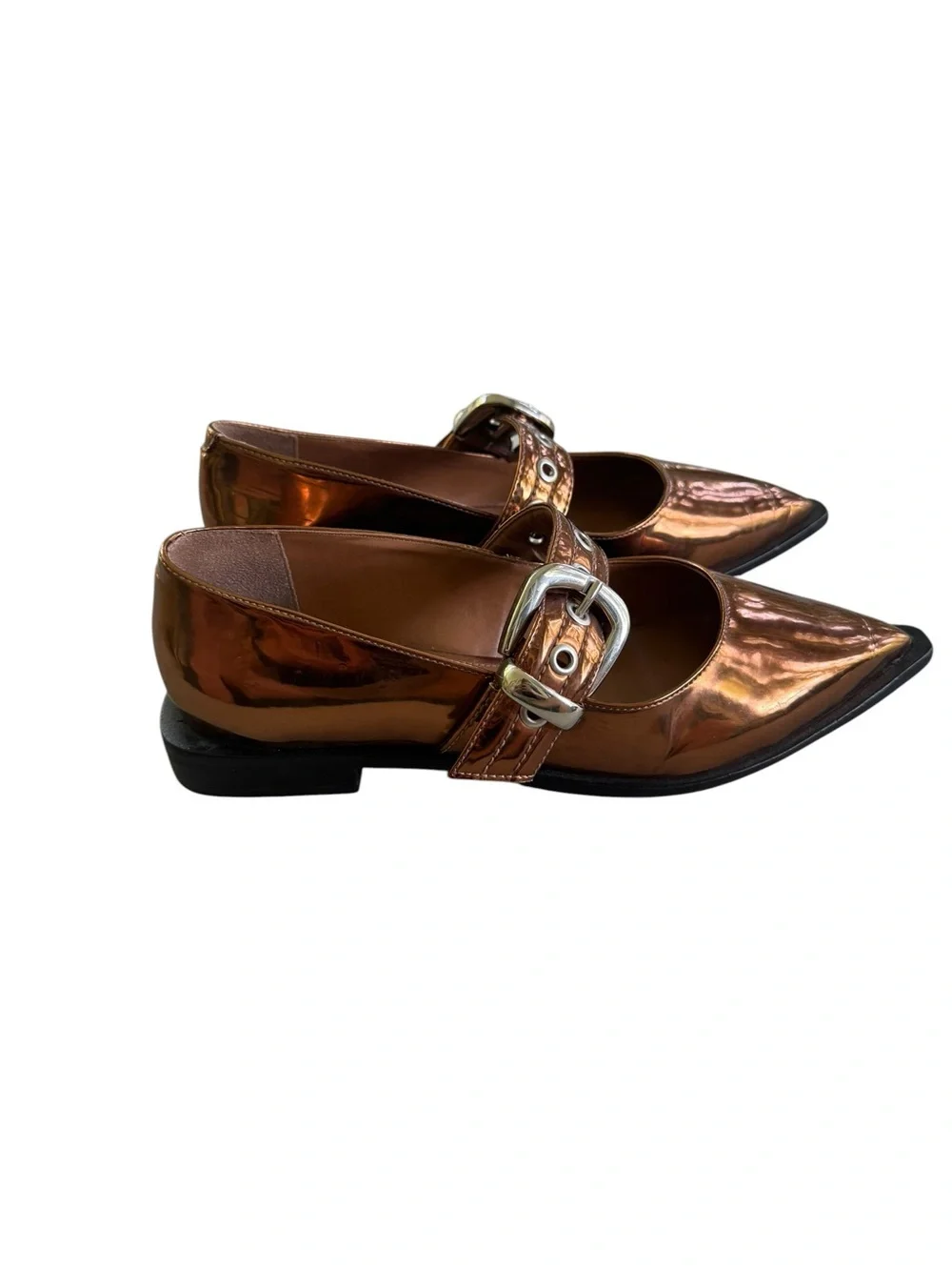 Anthropologie Maeve Pointed Toe Moto Mary Janes Bronze Metallic 38